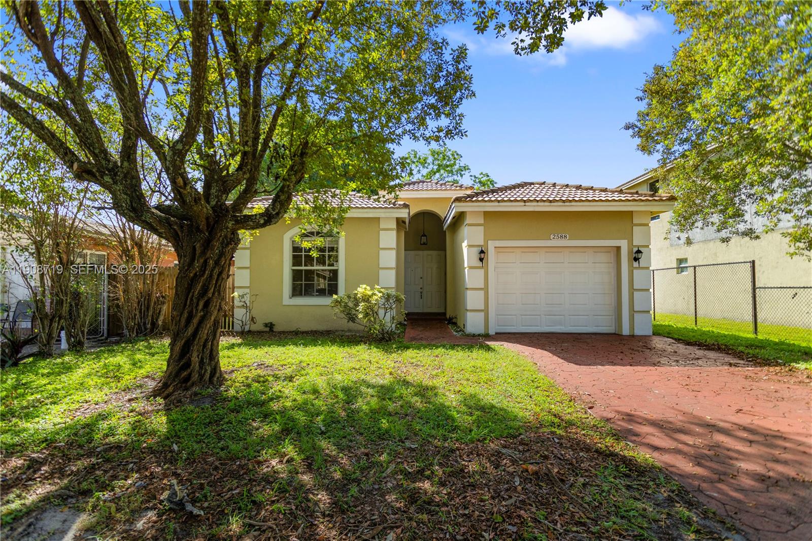 a view of a yard in front of a house with plants and large tree
