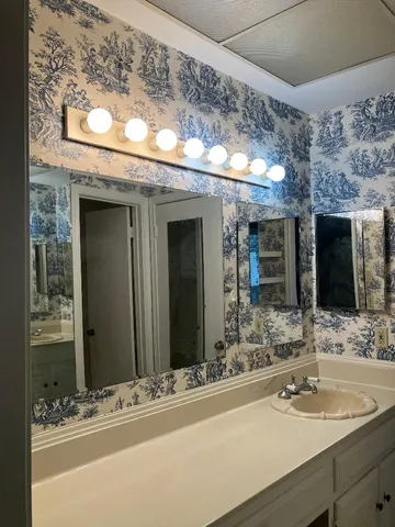 a bathroom with a sink and a mirror