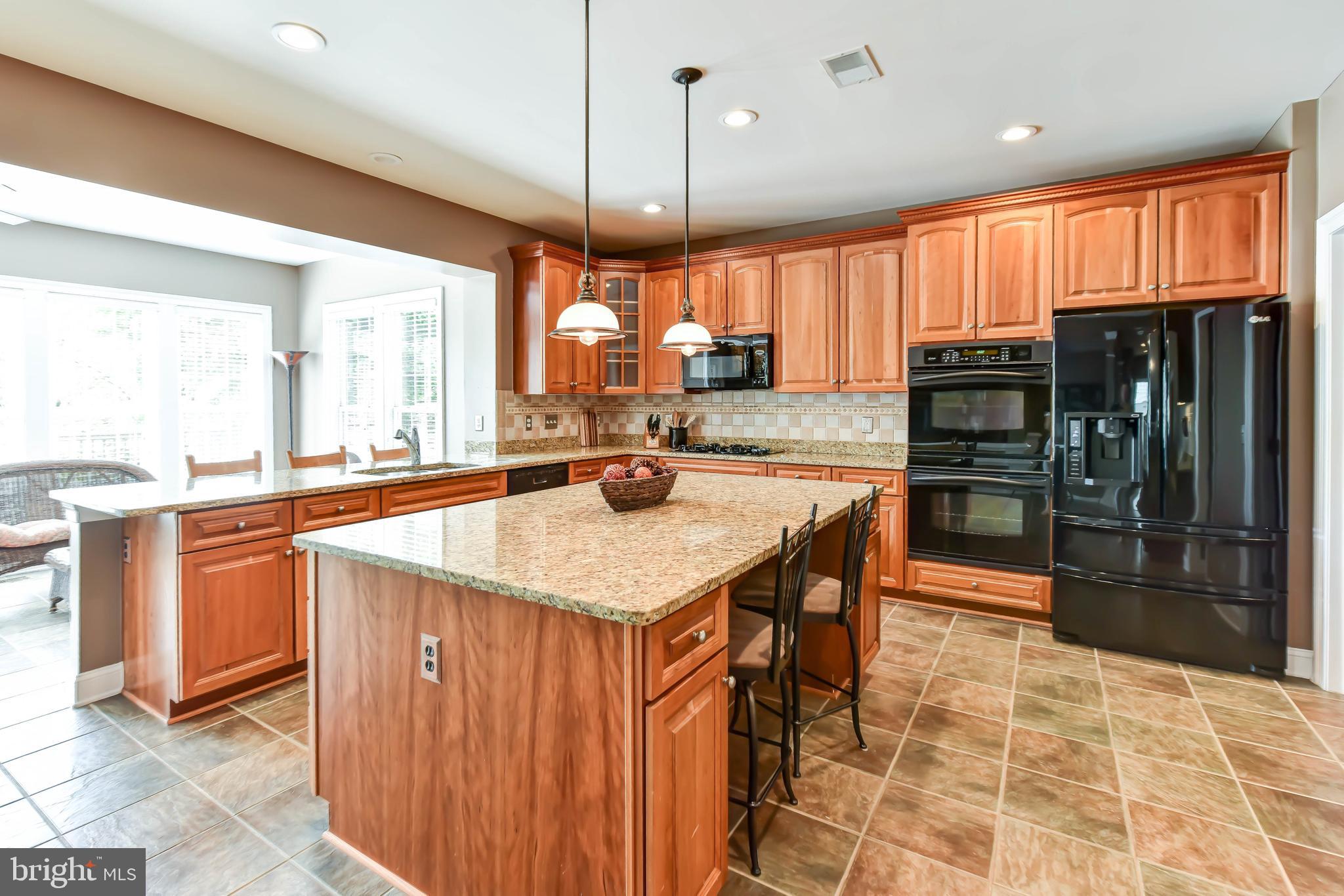 8244 Native Violet Drive Lorton, VA 22079 - Photo 16 of 68 a kitchen with stainless steel appliances kitchen island granite countertop a refrigerator a sink dishwasher and wooden cabinets with a large window