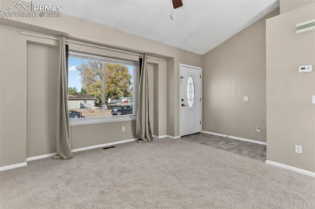 a view of a big room with closet and windows
