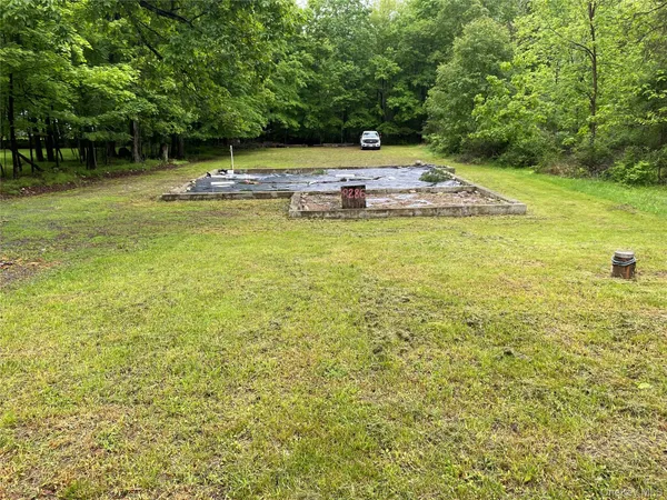 a view of a swimming pool with a yard and large trees