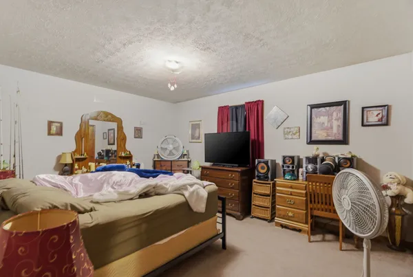 a bedroom with bed and a closet