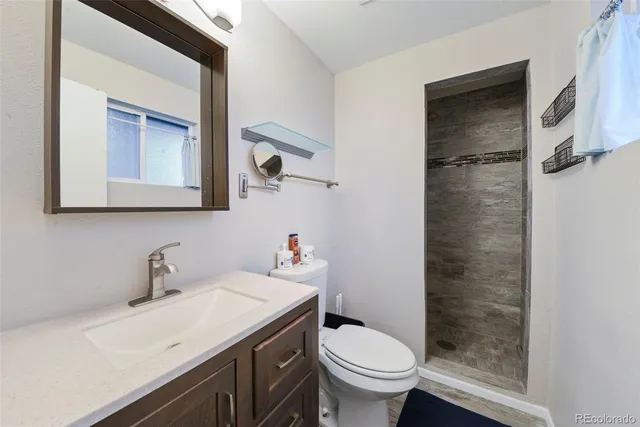 a bathroom with a sink a toilet and shower