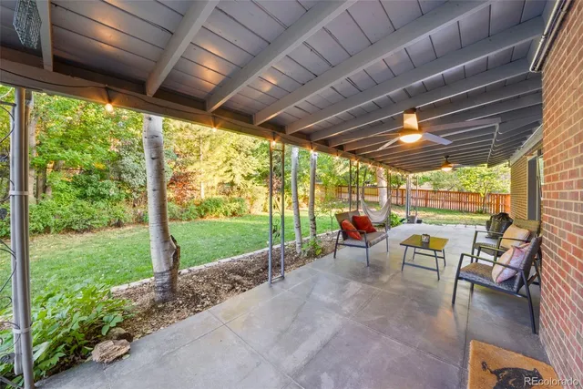 a view of a backyard with a tree