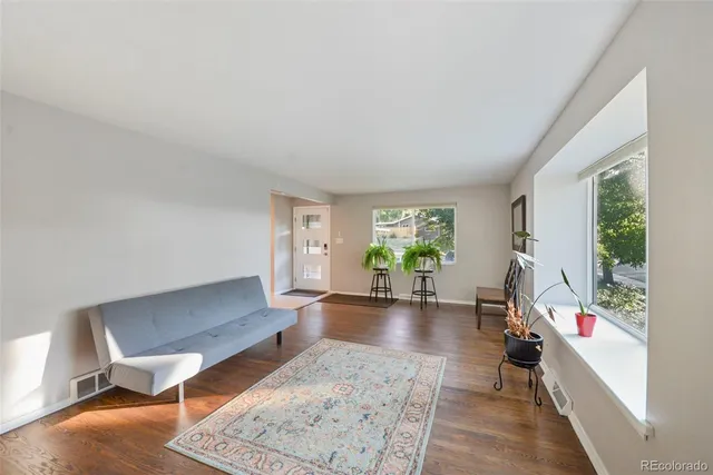 a living room with furniture and a potted plant