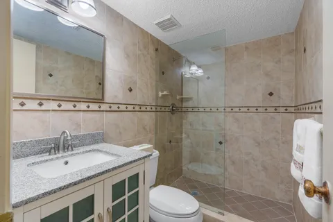 a bathroom with a granite countertop sink toilet and shower