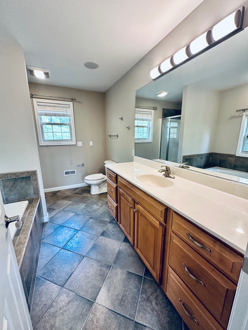 2906 Springhill Lane Champaign, IL 61822 - Photo 23 of 48 a spacious bathroom with a double vanity sink a mirror and a toilet