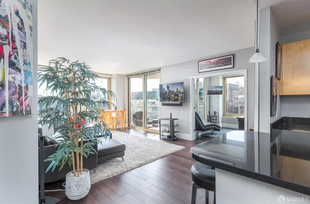 a living room with furniture and a potted plant