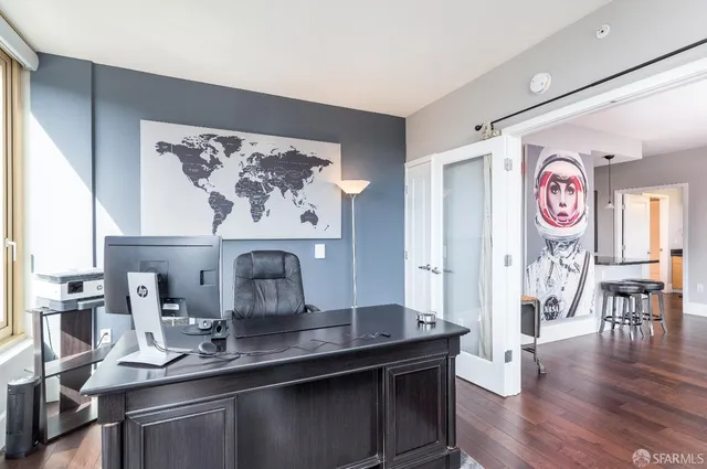 a view of dining room with wooden floor
