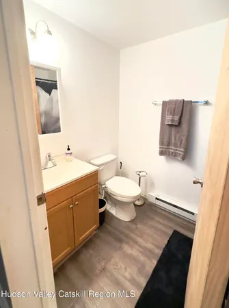 a bathroom with a sink a toilet and mirror