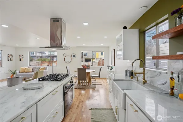 a kitchen with lots of counter top space