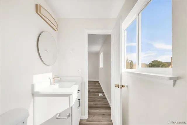 a bathroom with a sink mirror and a window