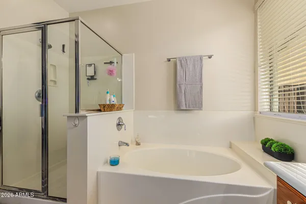 a bathroom with a bathtub and a shower