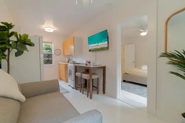 a living room with furniture and a potted plant