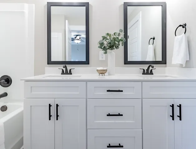 a bathroom with double vanity sink and a mirror
