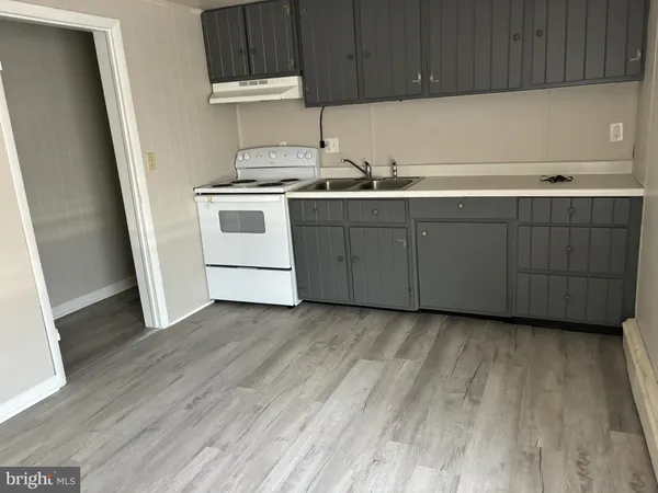 a kitchen with a sink a stove and cabinets