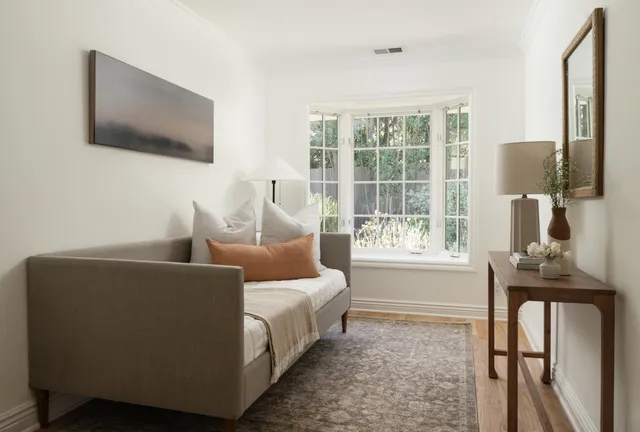 a view of a garden with an outdoor space