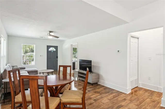 a view of a dining room with furniture