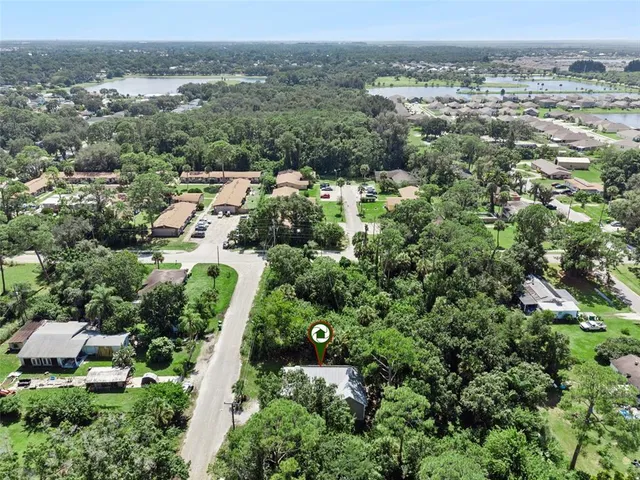 an aerial view of residential houses with outdoor space and trees