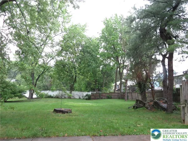 a view of a park with large trees