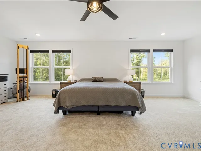 a view of a town with large trees and a big yard