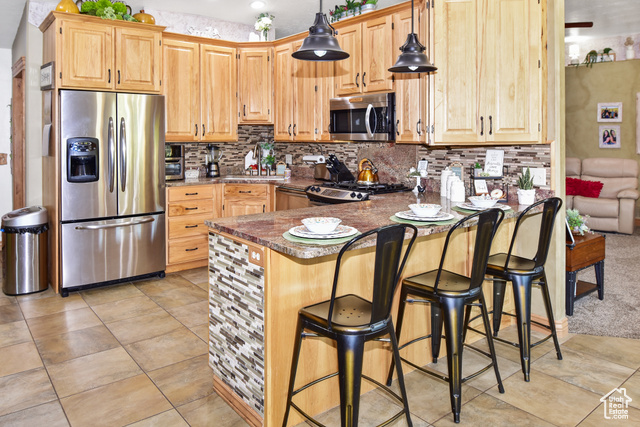 1500 Fish Creek Road Bancroft, ID 83217 - Photo 6 of 45 Kitchen featuring appliances with stainless steel finishes, a kitchen bar, and light brown cabinets