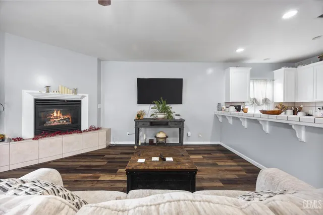 a living room with furniture and a fireplace