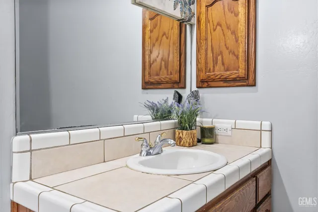 a bathroom with a sink and a mirror