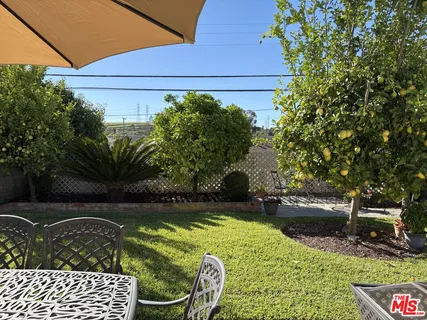 a view of backyard with table and chairs and potted plants