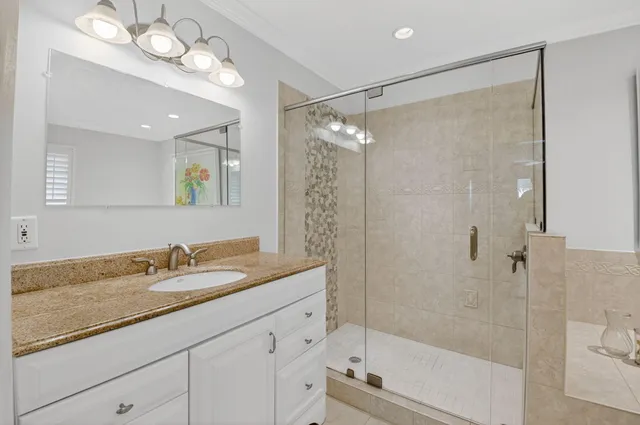 a bathroom with a granite countertop sink a mirror and a shower