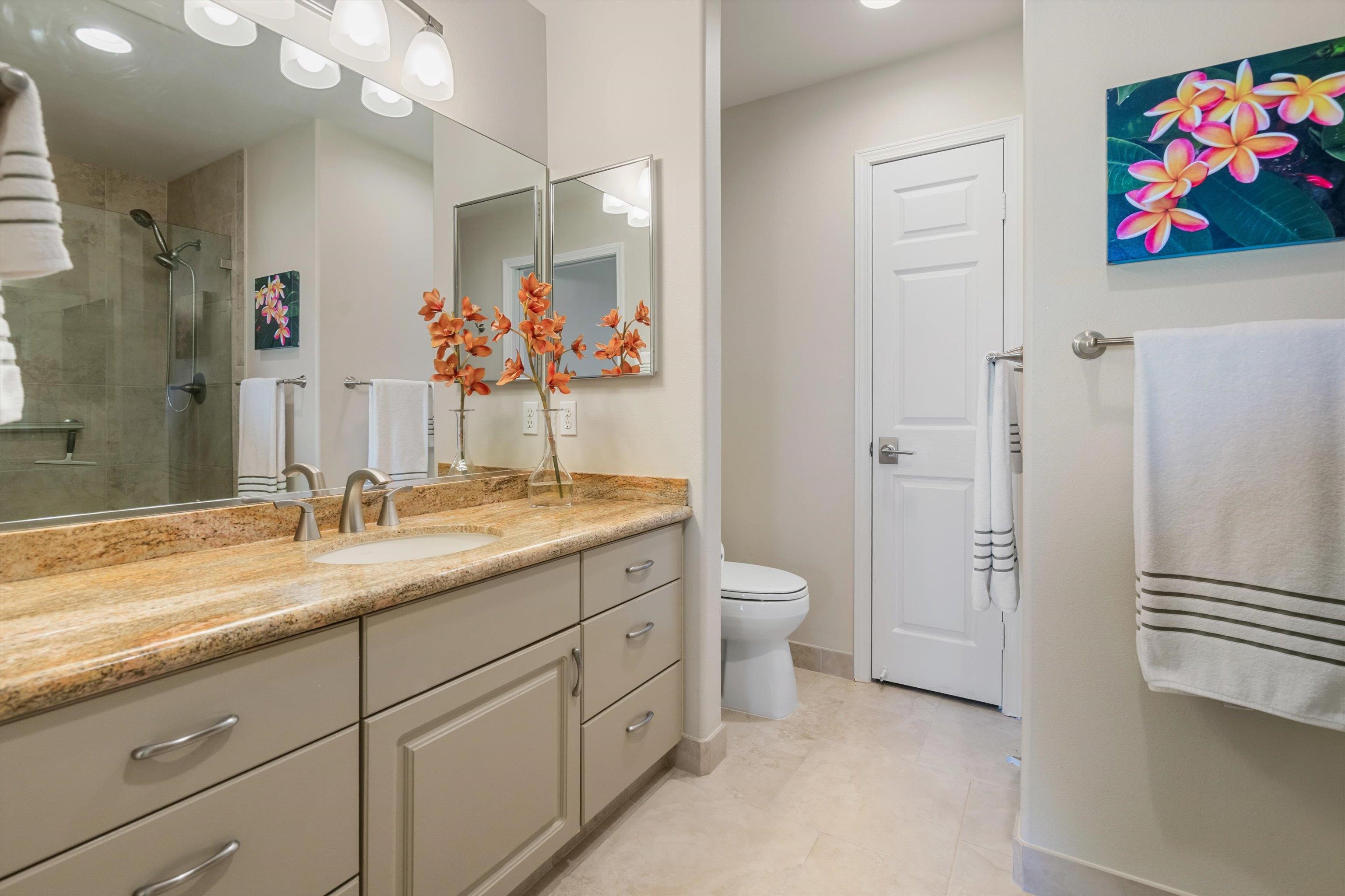 3950 Kalai Waa Street, Unit R 103 Kihei, HI 96753 - Photo 31 of 50 a bathroom with a granite countertop sink a toilet and a shower