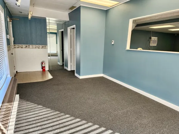 a view of a room with a door