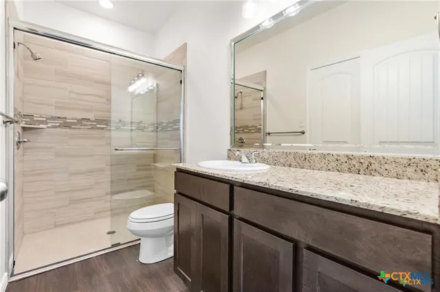 a bathroom with a granite countertop sink toilet and shower