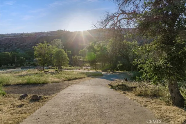 a view of a lush green field with mountains in the background