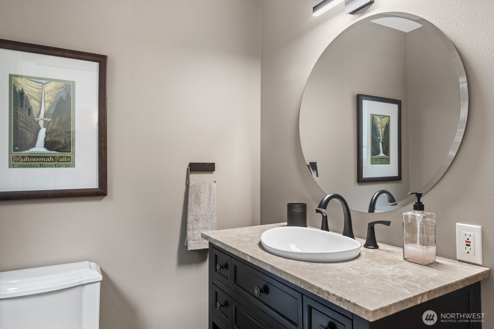 11404 239th Place Southwest Woodway, WA 98020 - Photo 15 of 40 a bathroom with a granite countertop sink and a mirror