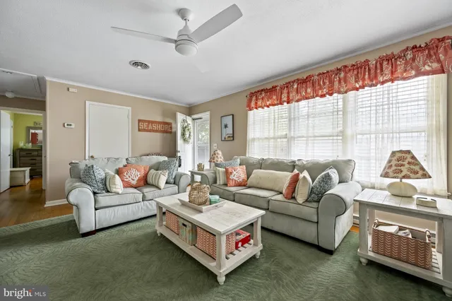 a living room with furniture ceiling fan and a window