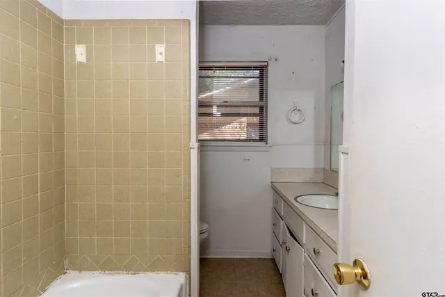 a bathroom with a granite countertop sink a vanity and a shower