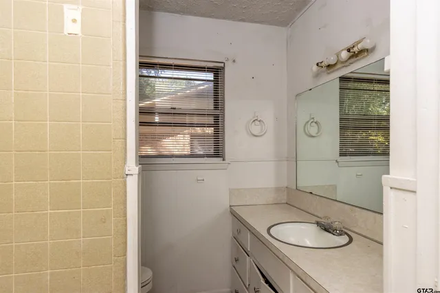 a bathroom with a granite countertop sink and mirror