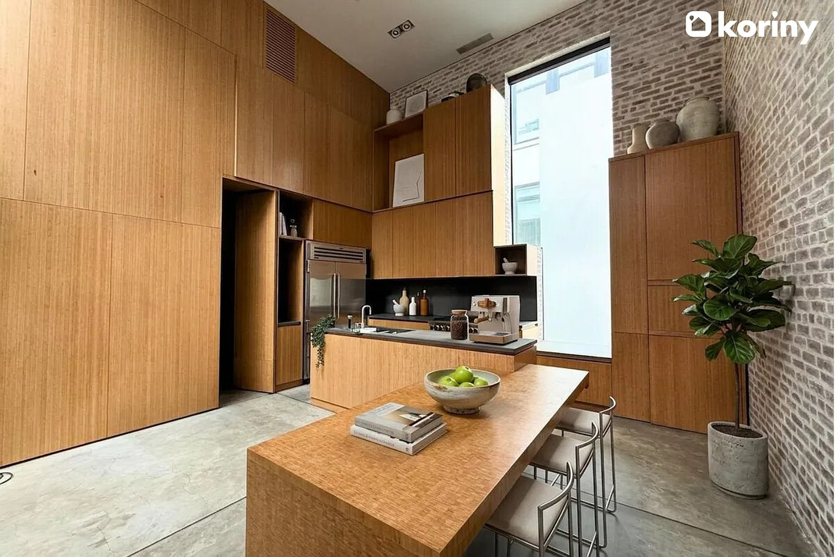75 Warren Street Brooklyn, NY 11201 - Photo 27 of 39 a kitchen with stainless steel appliances kitchen island granite countertop a refrigerator a stove and a wooden cabinets
