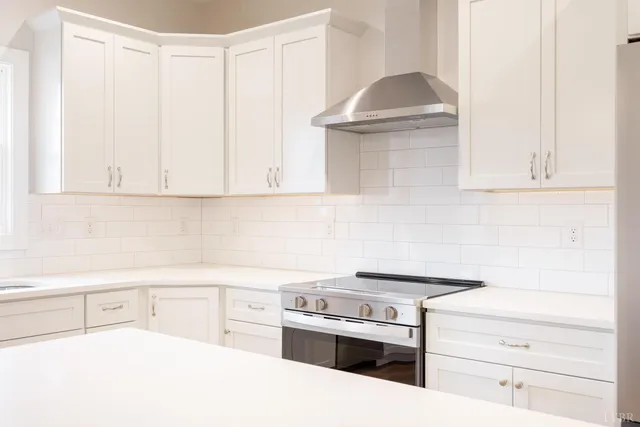 a kitchen with a white cabinets stove and refrigerator
