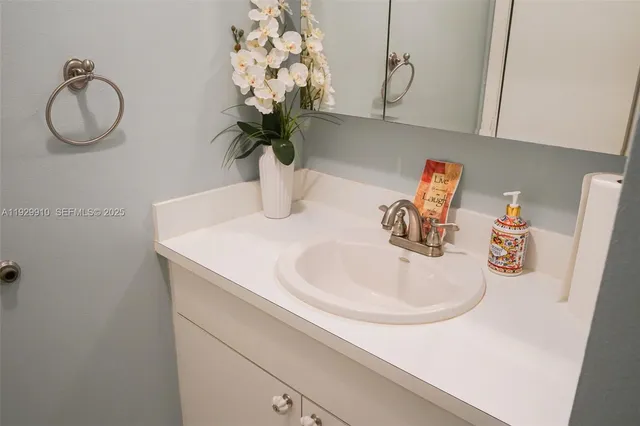 a bathroom with a sink and a mirror