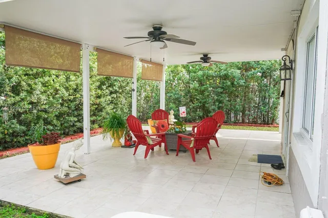 a view of a backyard with plants and a patio