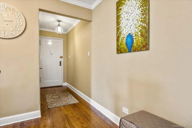 a view of a hallway with wooden floor and closet