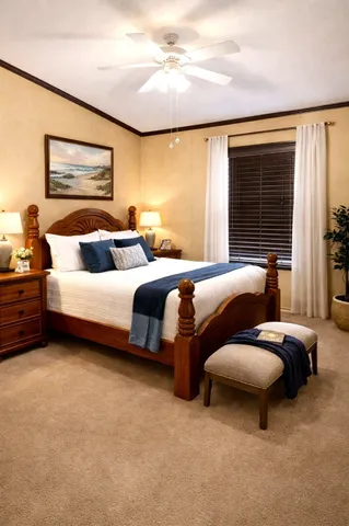 a bed room with bed and painting on the wall