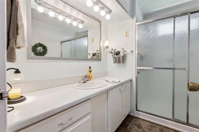 a bathroom with a sink and a mirror