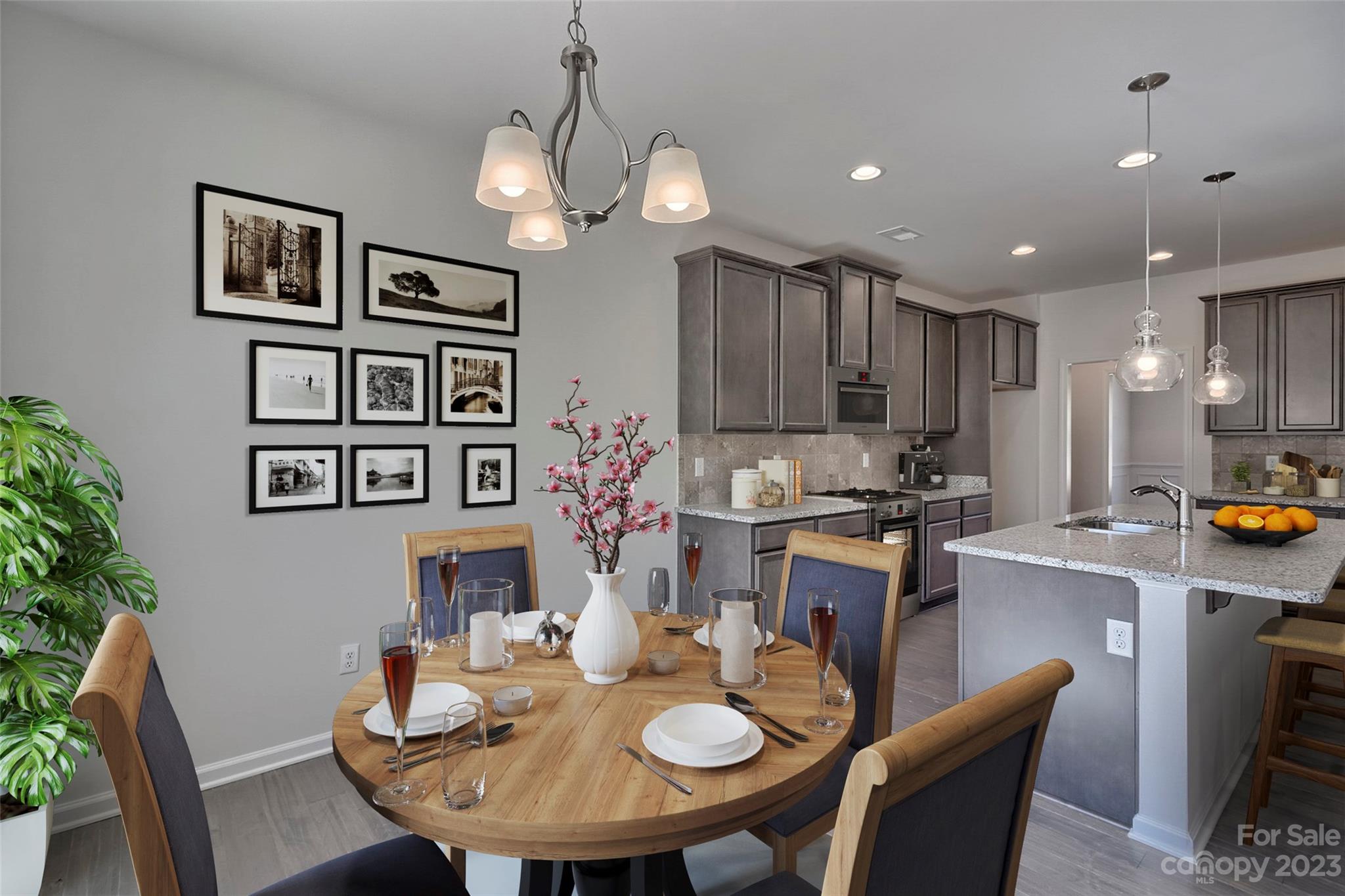 a view of a dining room with furniture
