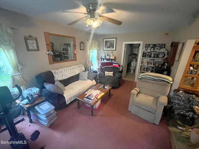 a living room with furniture a rug and a window