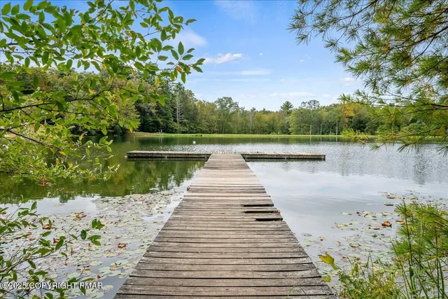 a view of a lake with houses in the back