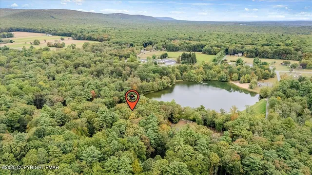 an aerial view of residential houses with outdoor space and trees
