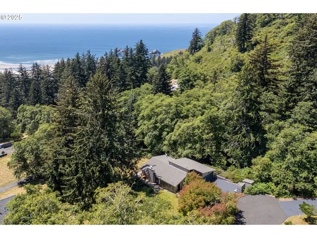 an aerial view of a house with a yard and lake view